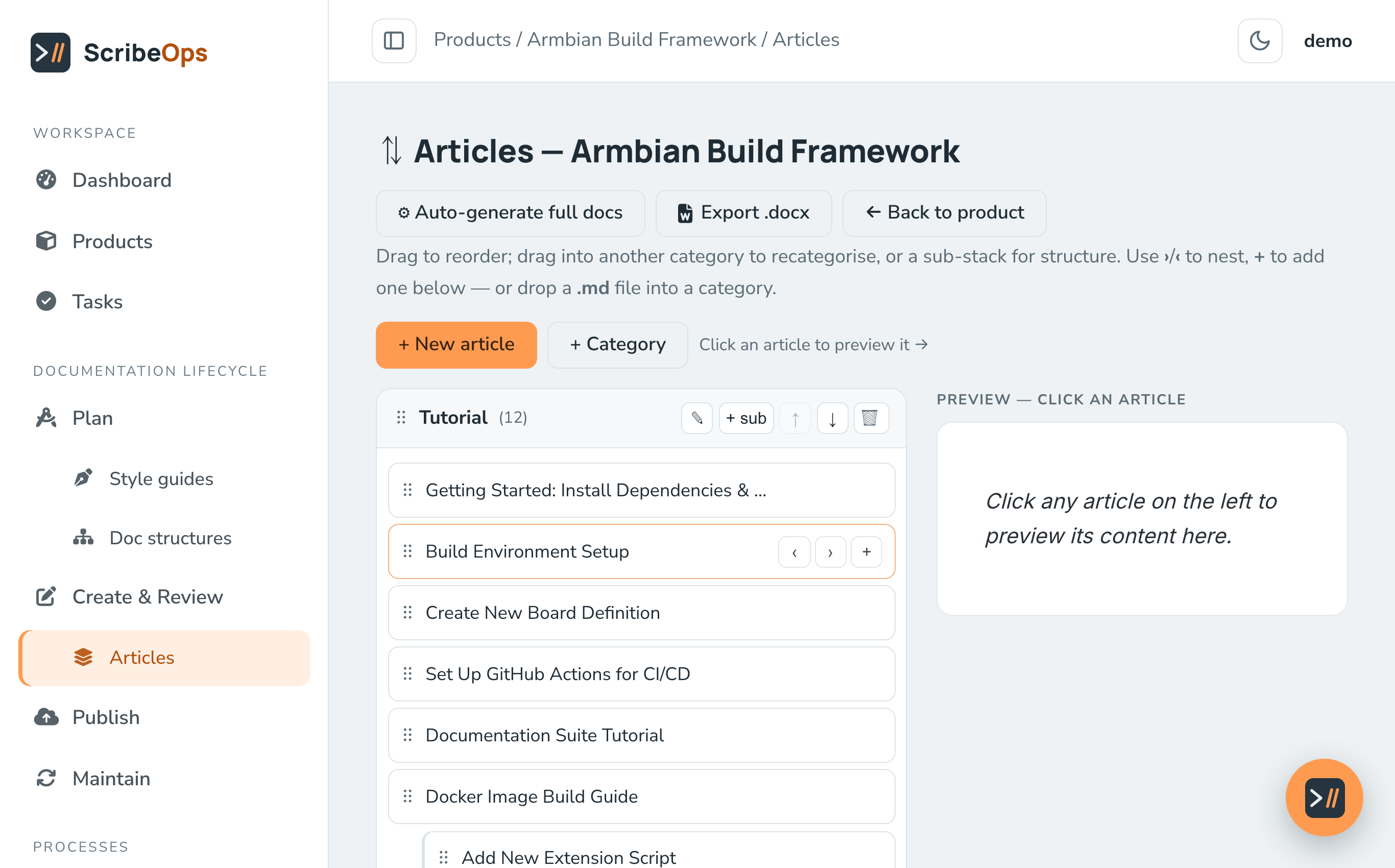 The Organise board, drag-and-drop articles, categories and reading order